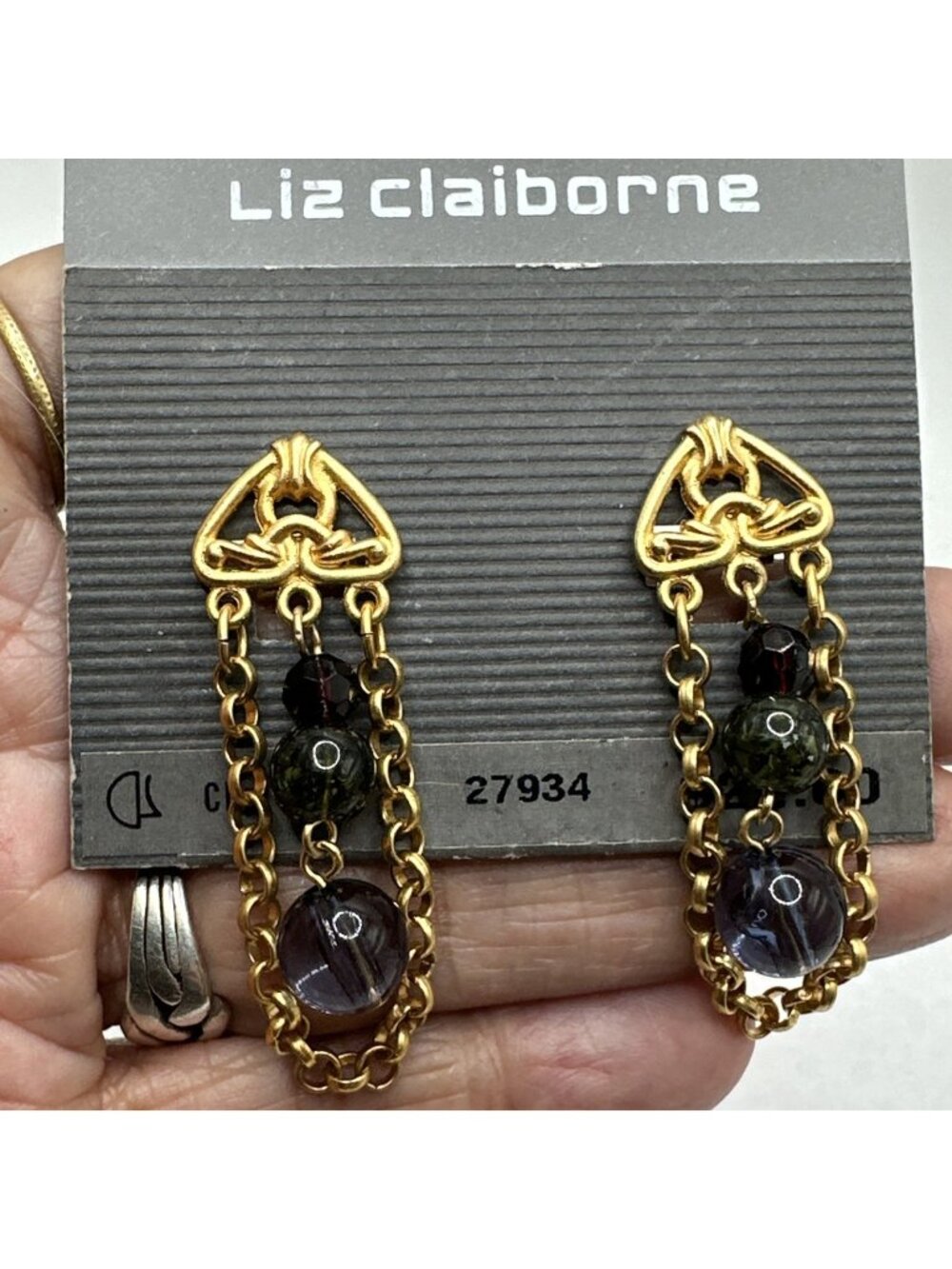 liz claiborne Brushed gold tone Chain Bead clip on earrings new on card